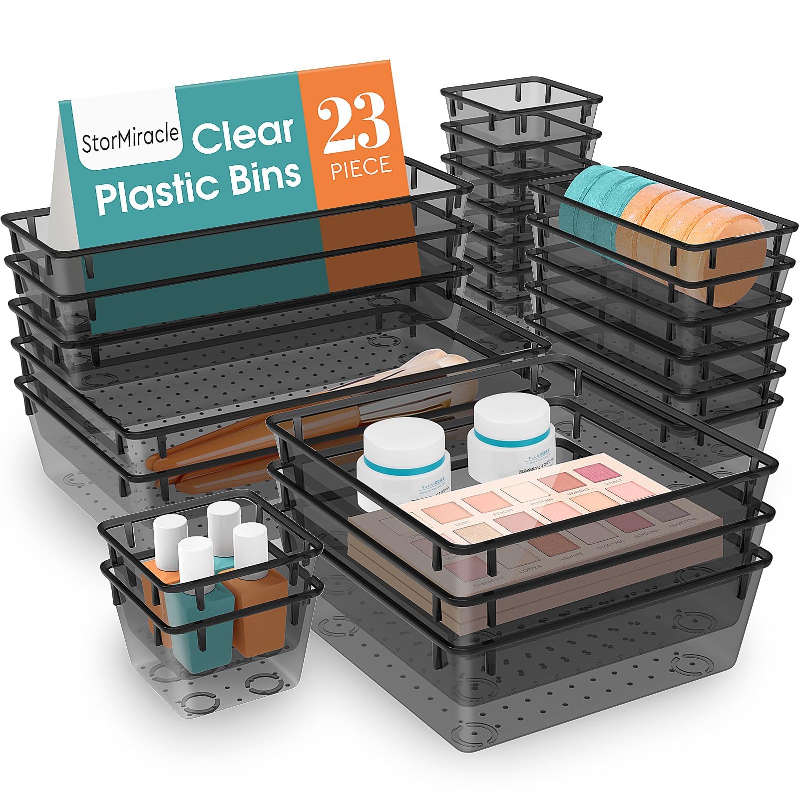 StorMiracle 23 PCS Drawer Organizer Set, 5 Varied Size Bathroom and kitchen Drawer cabinet organizer Trays, Clear Storage Bins for Makeup, Jewelry, Utensils and Gadgets, Black