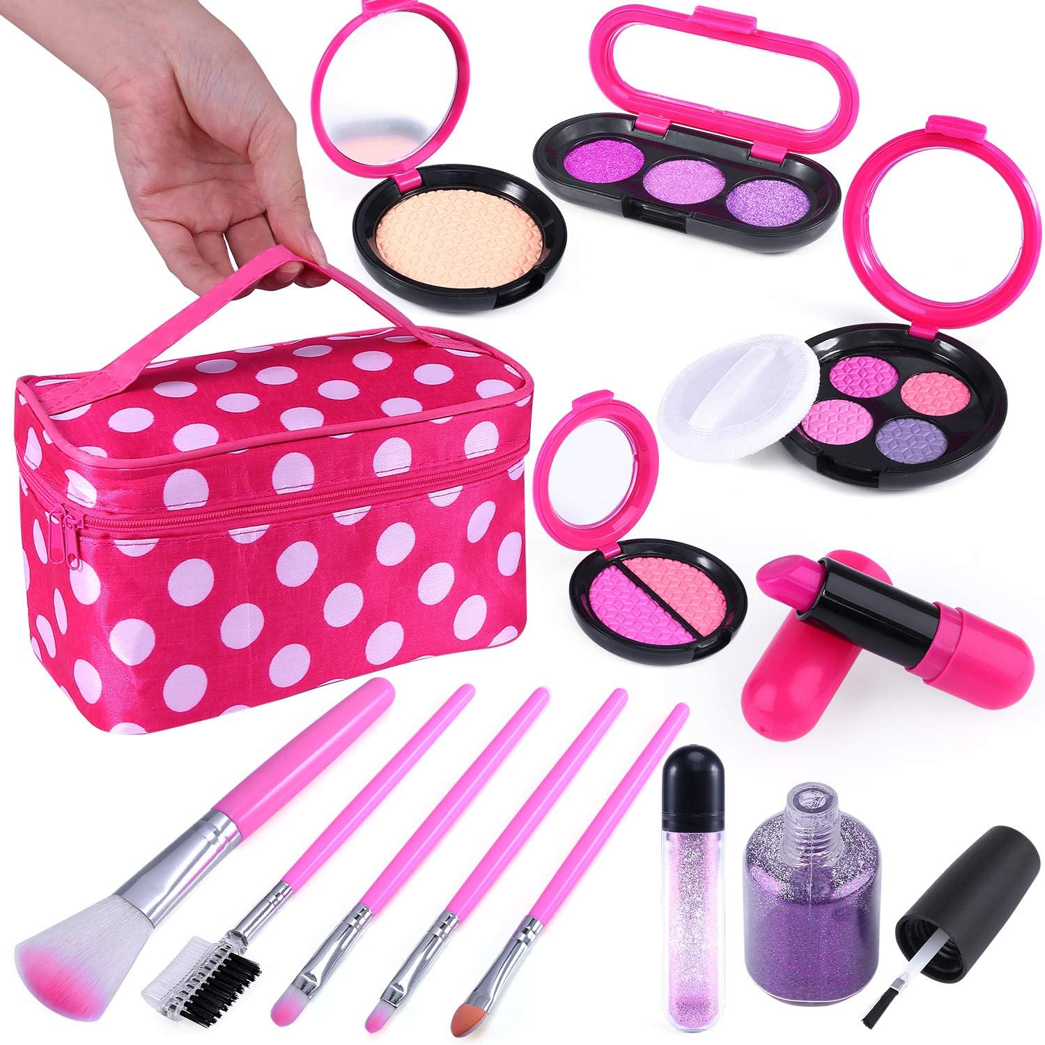 TEPSMIGO Pretend Makeup Kit with Cosmetic Bag for Girls 4-10 Year Old - Including Pink Brushes, Eye Shadows, Lipstick, Nail Polish, Mirrors, Glitter Pot, Puff Pad and More