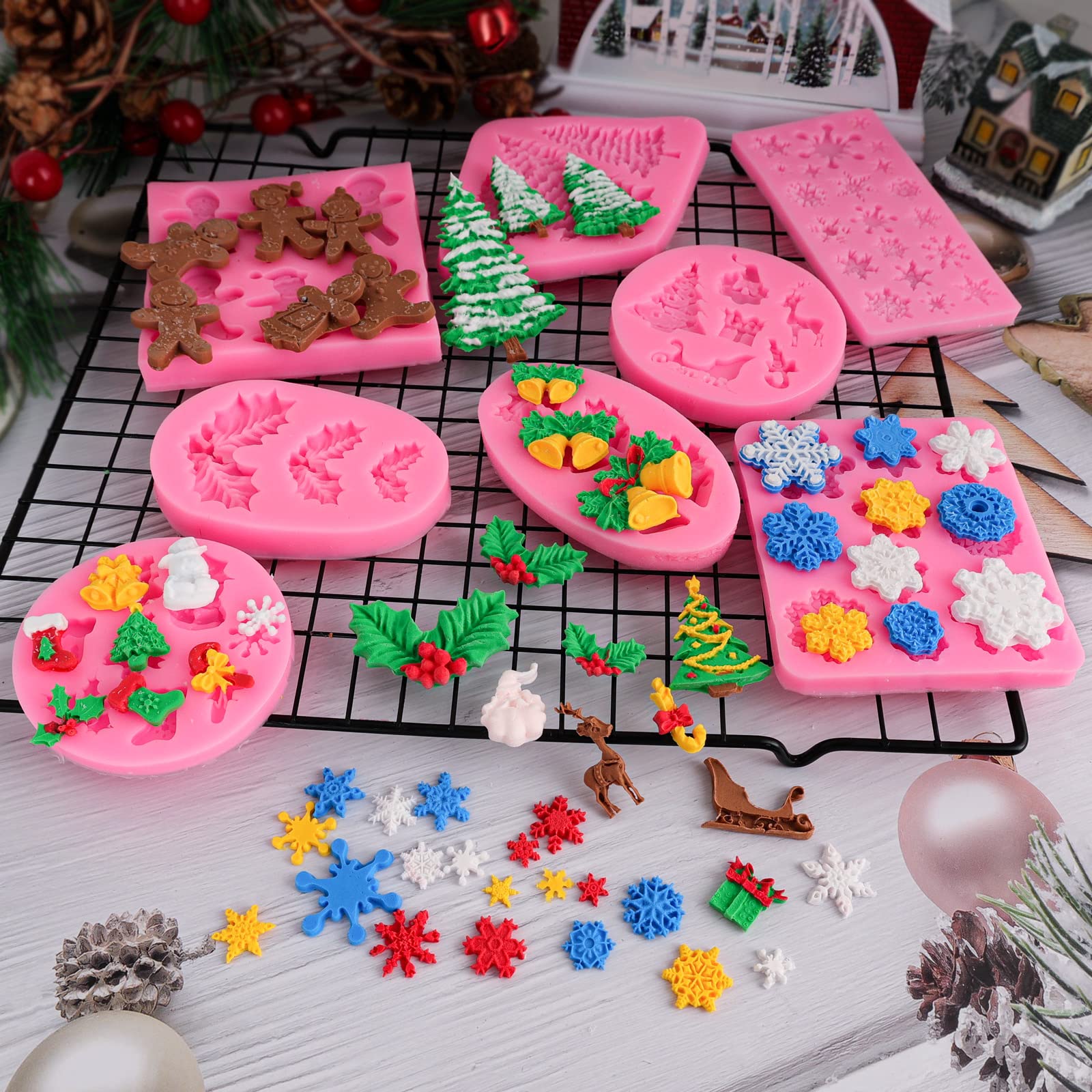 Christmas Silicone Fondant Candy Soap Cake Molds - Snowflake, Tree, Reindeer, Holly Leaves - Baking Molds for Christmas and New Year Party Cupcake Decor, 8 Pieces