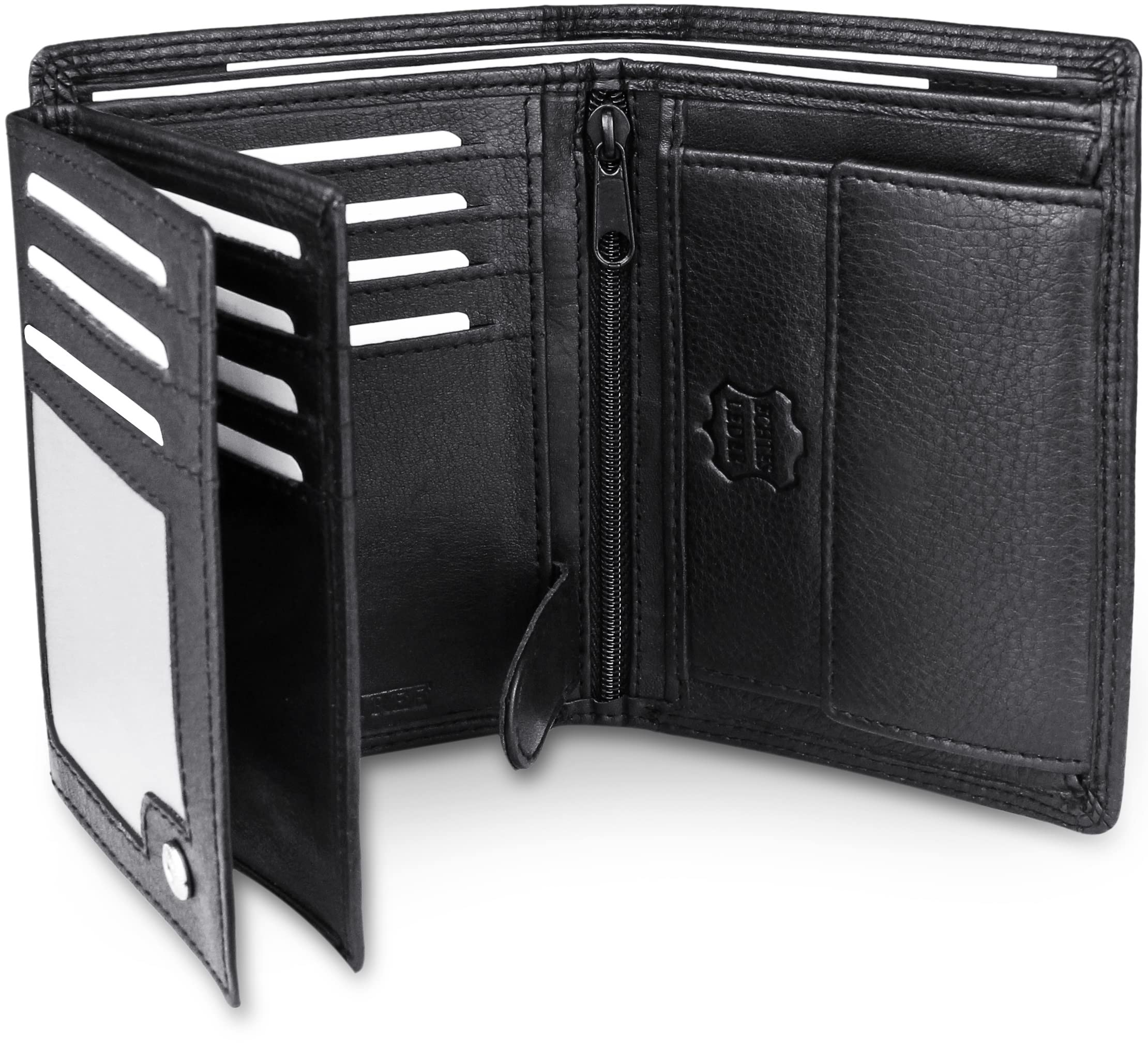 Frentree Mens Wallet 100% Genuine Nappa Leather - RFID Protection - 15 Card Slots - Window Compartments - Black