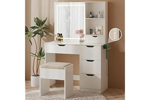 HUAHUU Vanity Desk with LED Lights Mirror & Power Outlet, 3 Lighting Colors Vanity Desk with 5 Drawers, Makeup Vanity Set and Cushioned Stool for Bedroom, White
