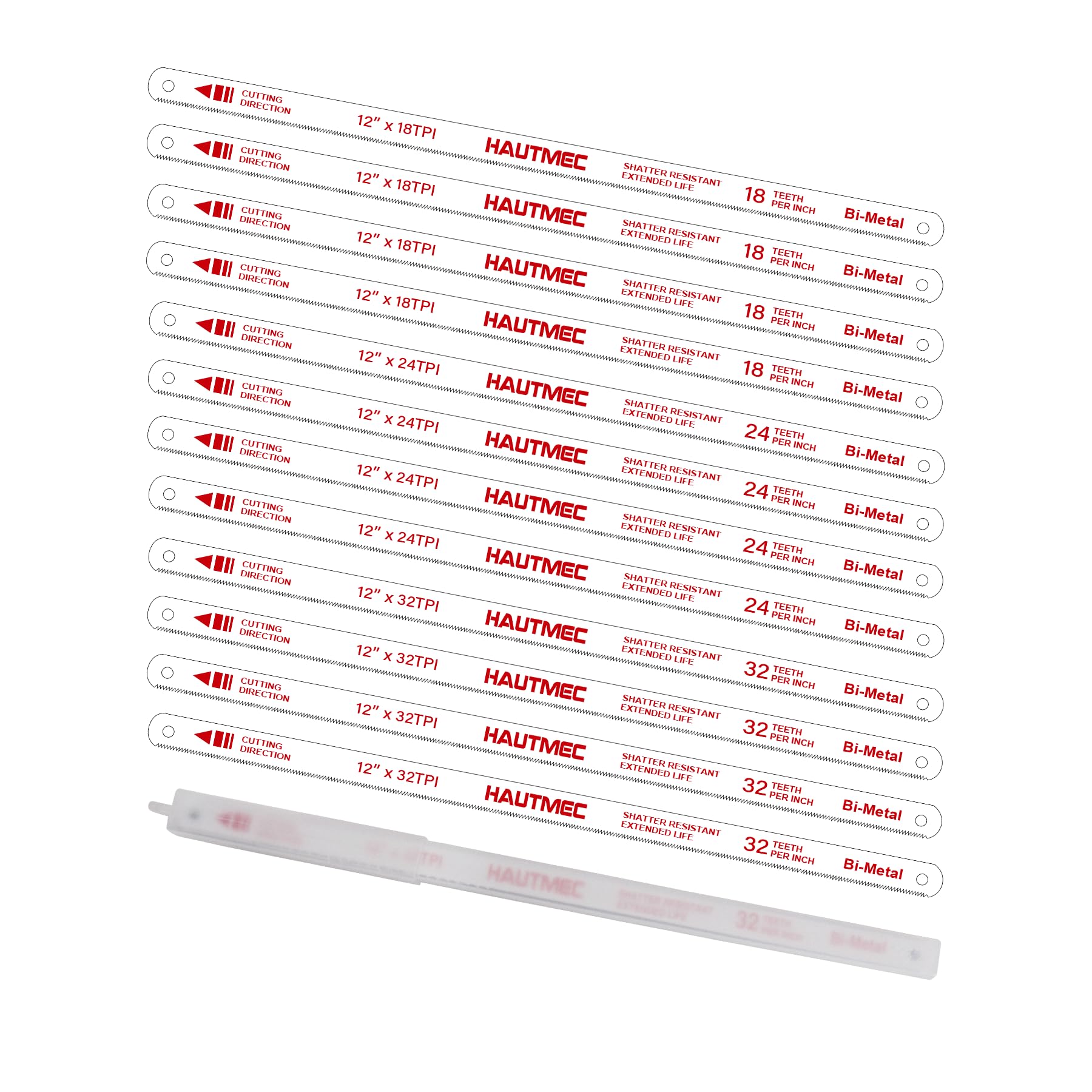 HAUTMEC 300mm Hacksaw Blades Set 18&24&32 TPI – 12 Pack 12" Bi-Metal Replacement Blades with High-Speed Steel Teeth and Spring Steel Body, Professional Grade, Fits Most Hacksaw Frames, HT0441