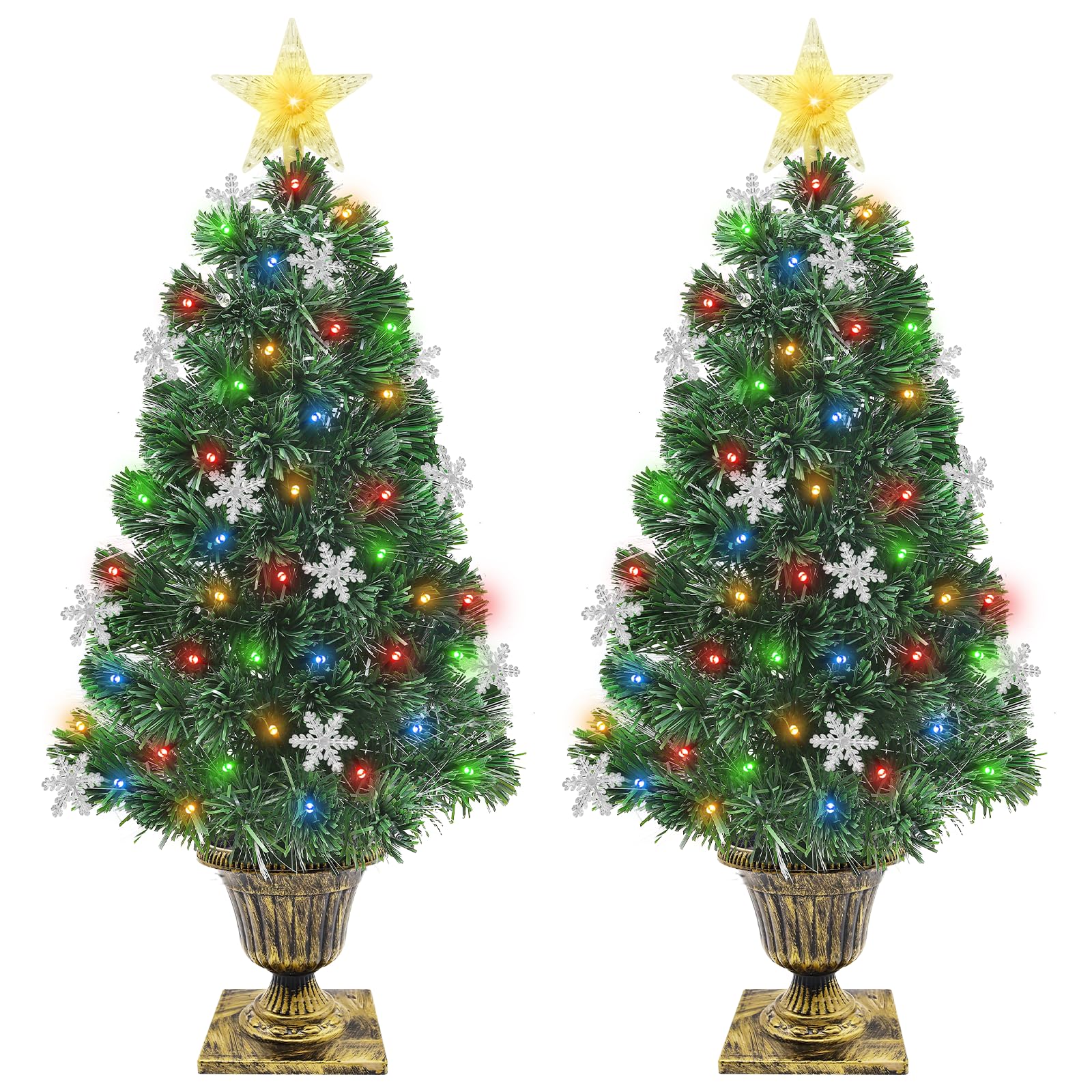 Photo 1 of 2 Pack 3 Ft Prelit Artificial Potted Christmas Tree with Mixed RGB Color Light & Optical Fiber Light, Snowflakes & Top Star, Mini Small Xmas Tree, Outdoor Front Door Porch Indoor Home Decorations