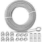 Growglow 5/16 Steel Cable with Loops 100ft Stainless Steel Wire 7 * 19 Strands Aircraft Cable 9000 lbs Break Strength for Yard Zipline Shade Sail Fencing Duty Wire Rope kit with Clamps and Thimbles