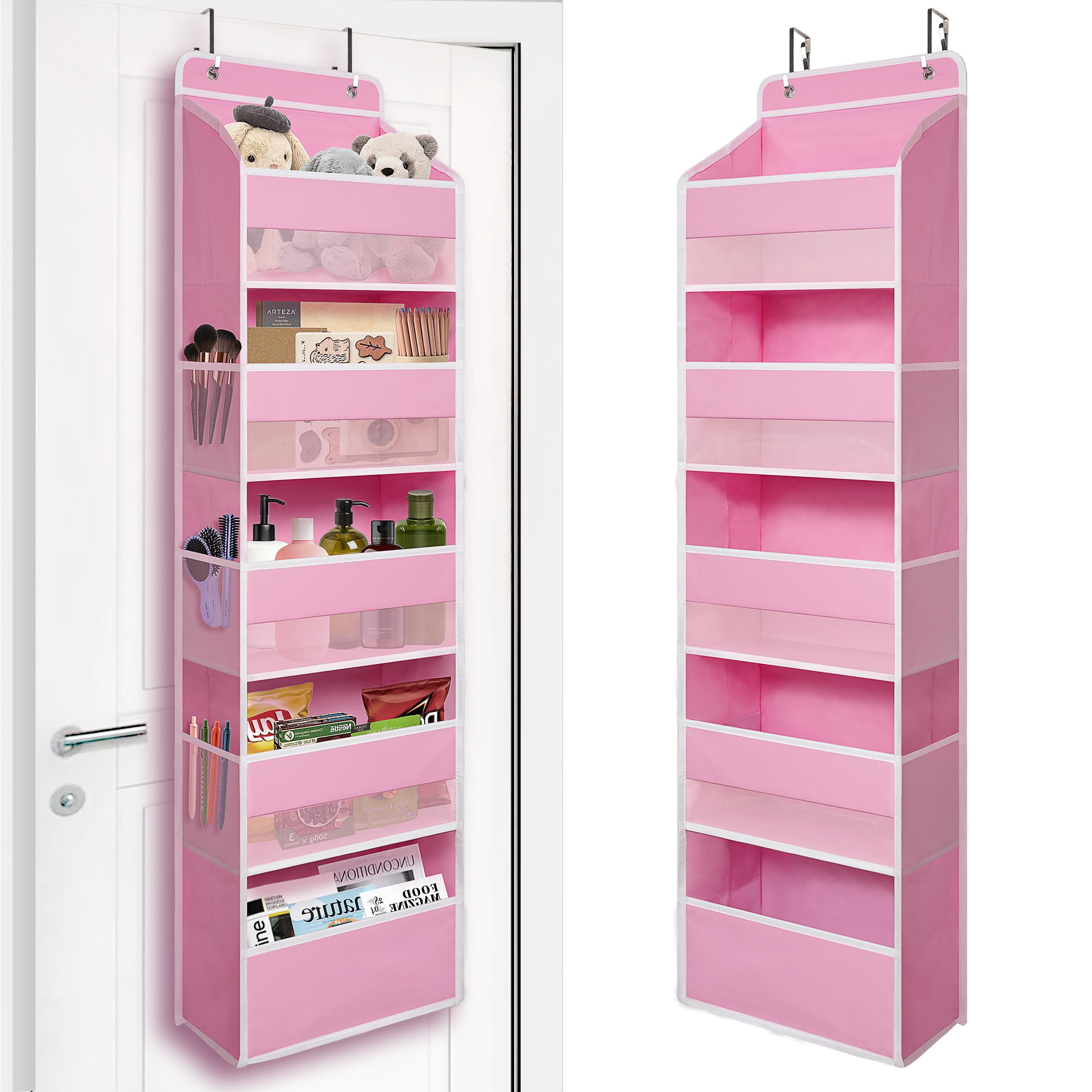 TYMENSH Over Door Organizer with 5 Large Pockets, Heavy Duty Hanging Organizer Storage, Closet Bathroom Nursery Bedroom Dorm, Toys Cosmetics Sundries and Baby Essentials, Pink