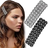 HINZIC 2Pcs Rhinestone Snap Hair Clips Sparkly Crystal Barrettes Silver Black Rectangular Hairpins Korean Wedding Party Accessories for Women