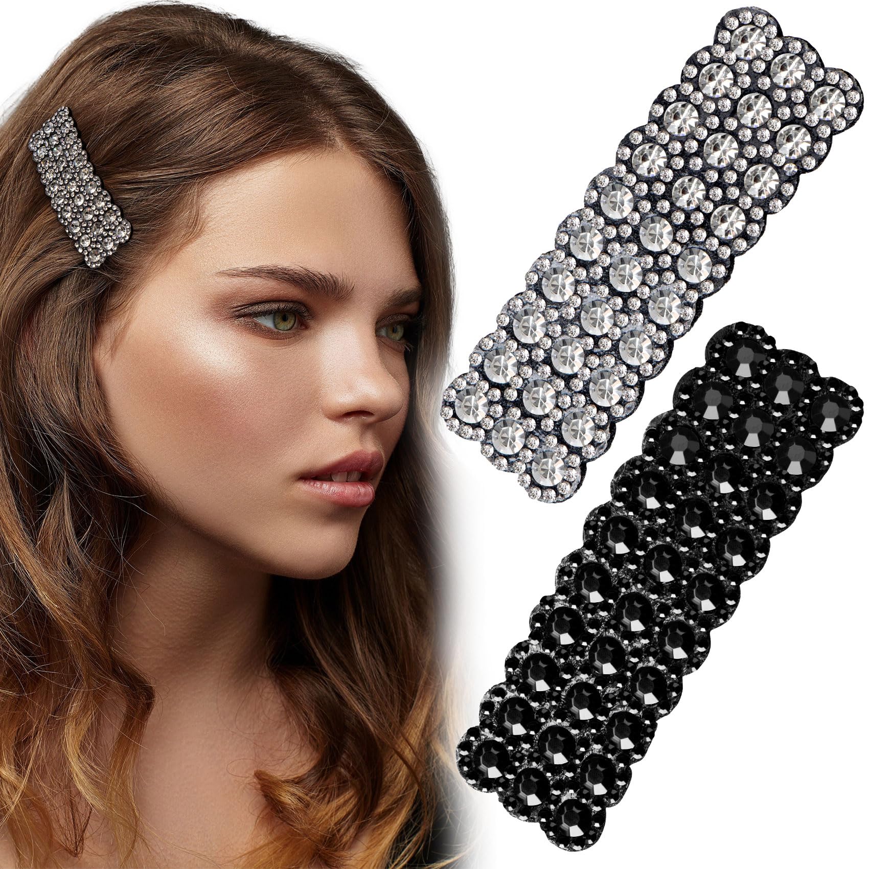 Photo 1 of HINZIC 2Pcs Rhinestone Snap Hair Clips Sparkly Crystal Barrettes Silver Black Rectangular Hairpins Korean Wedding Party Accessories for Women
