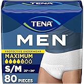 Tena Protective Adult Incontinence Underwear for Men, Maximum, S/M, 80 Count (Waist Size 25in-34in)