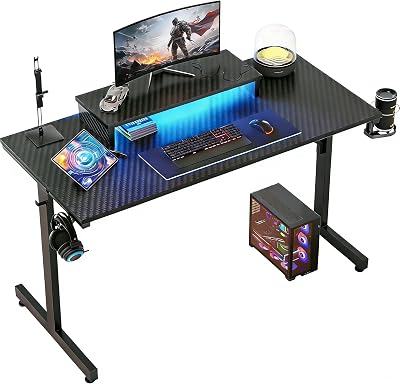 Bestier Small Gaming Desk 106.6 cm LED Monitor Stand Cup Holder Hooks