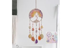DREAMSUM Agate Moon Dream Catchers with Crystal Color Gemstone Dream Catchers Natural Tree of Life Gem Agate Wall Hangings Room Garden Dreamcatchers Decor (Color)