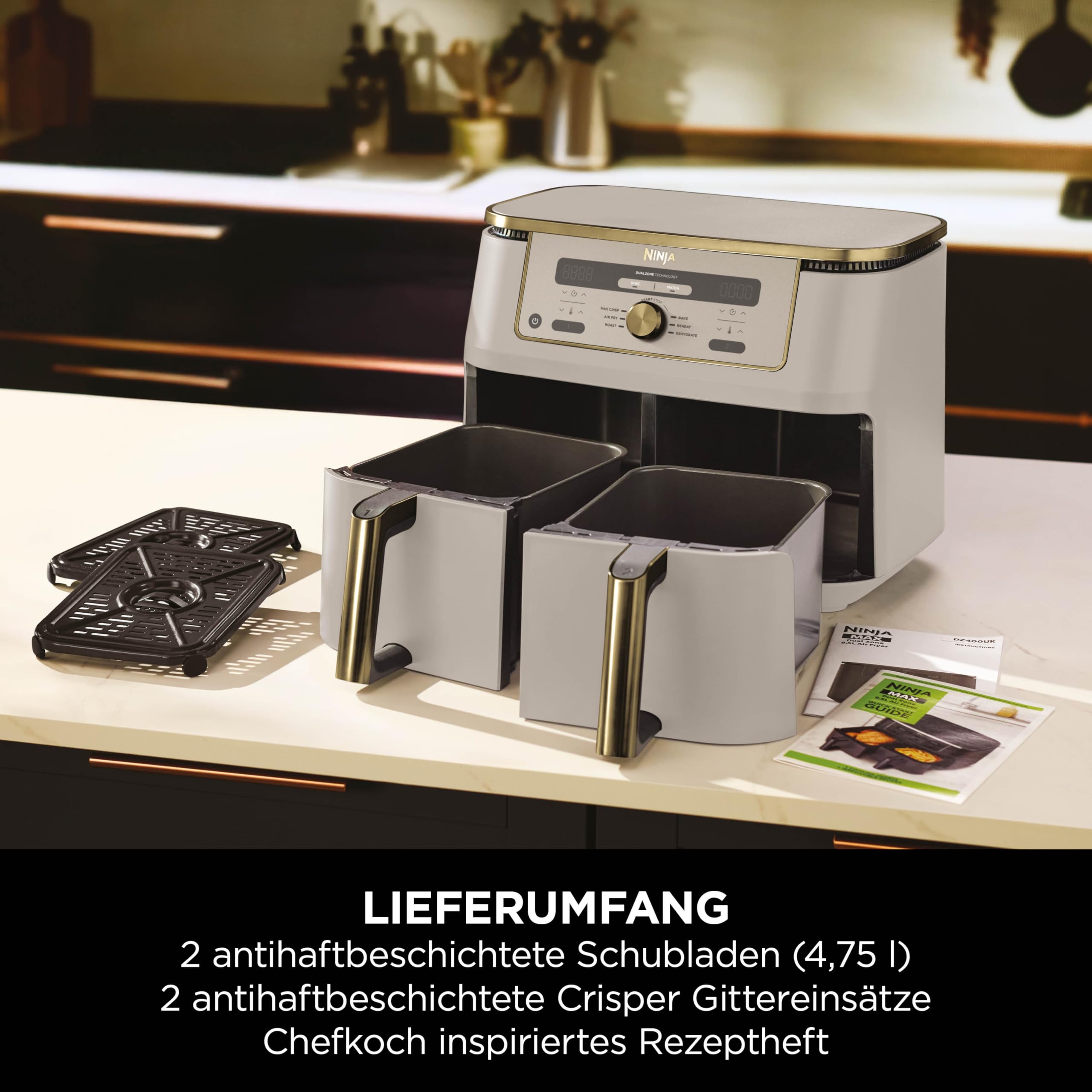 Ninja Dual Zone Digital Air Fryer, 2 Schubladen, 6-in-1, Heißluftfritteuse, 9,5L, Heißluft-Frittieren, Max Crisp, Rösten, Backen, Aufwärmen, Spülmaschinenfeste Körbe, Stone/Gold DZ400EUSTGD