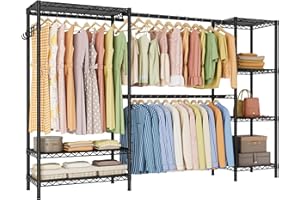 Golpart Expandable Heavy Duty Garment Rack Clothes Rack,Large Metal Closet Organizer System Storage Wardrobe,Freestanding Clothing Rack with 9 Adjustable Wire Shelves&3 Hang Rods,MaxLoad 1500lbs
