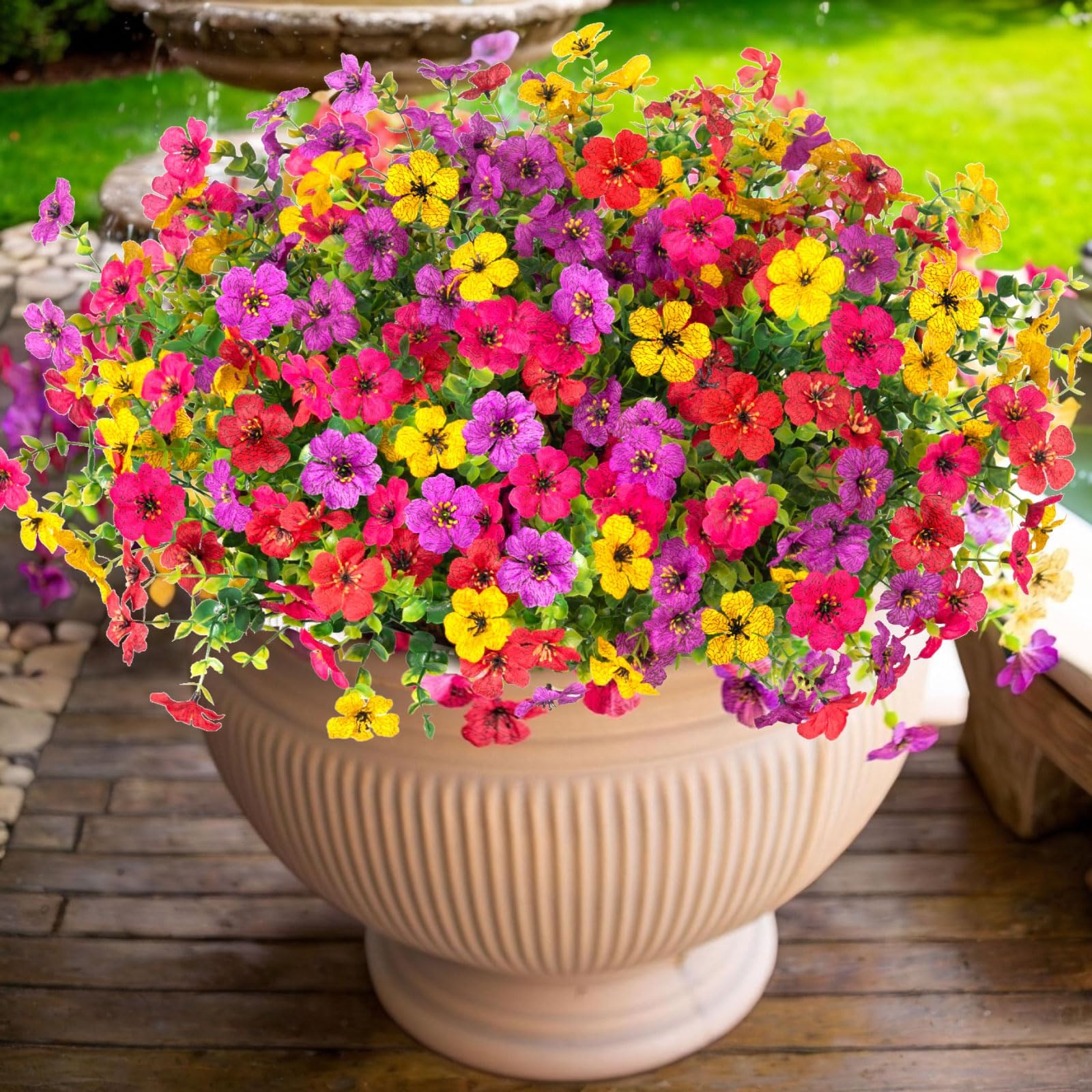 ADXORA 24 Bundles Artificial Flowers,Faux Plants for Spring Summer Decoration, UV Resistant Colorful Violets Eucalyptus for Outside Home Planter Porch Patio Yard Decor