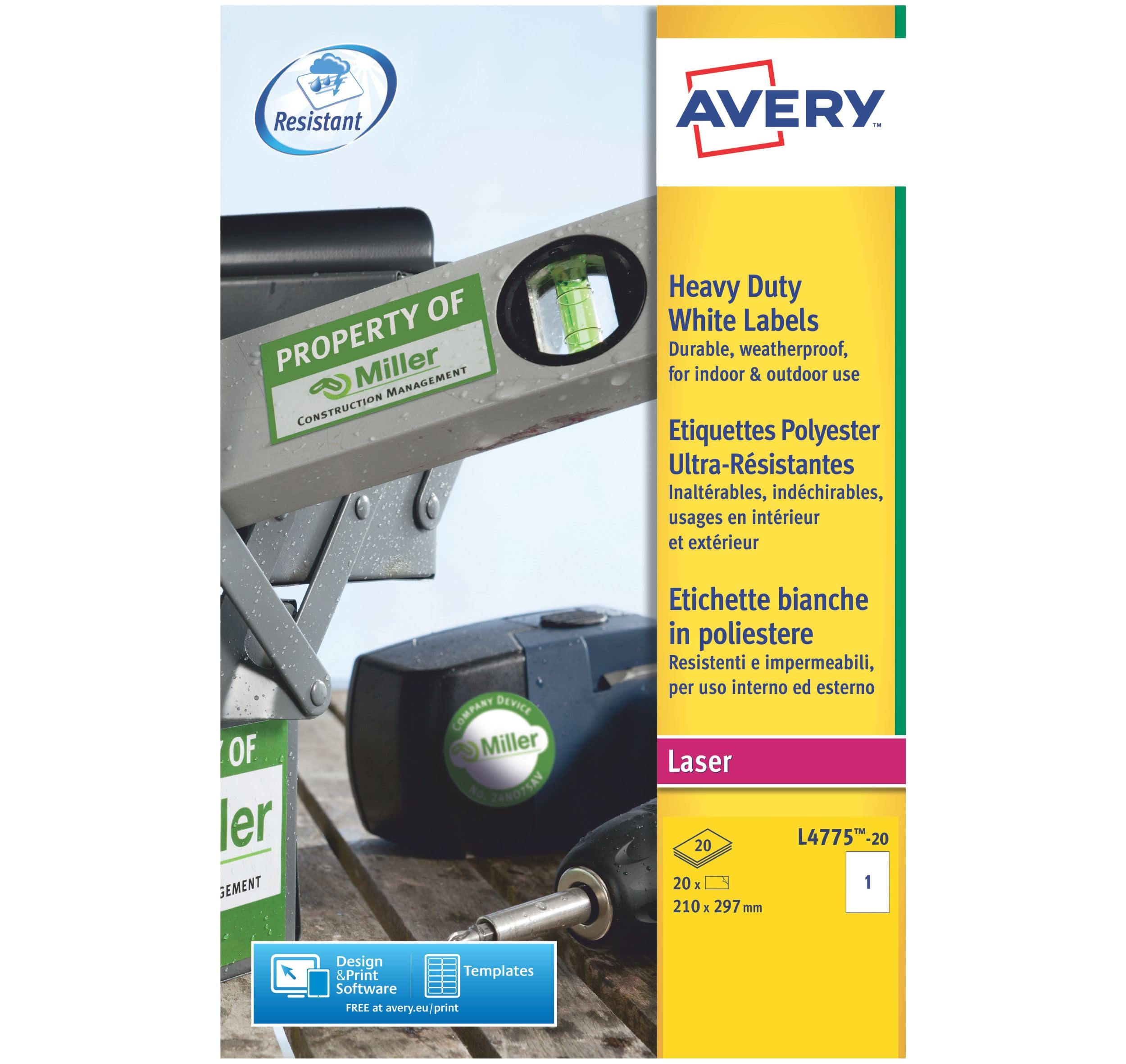 Avery Weatherproof, Printable, Heavy Duty Labels, Customisable, White, A4 Labels Sheet, 20 Blank Labels per Pack (L4775-20)