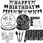 144pcs Black Bow Party Supplies Set, Black Bow Birthday Party Decorations with Plates Cups Napkins Cutlery Tablecloth Banner for Girls' Birthday Party Decorations and Bachelorette Party, Serve 20