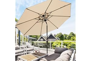 wikiwiki 9 FT Patio Umbrellas with Base Included, Outdoor Umbrella Table Market Umbrella with 8 Sturdy Ribs, Push Button Tilt/Crank, Beige