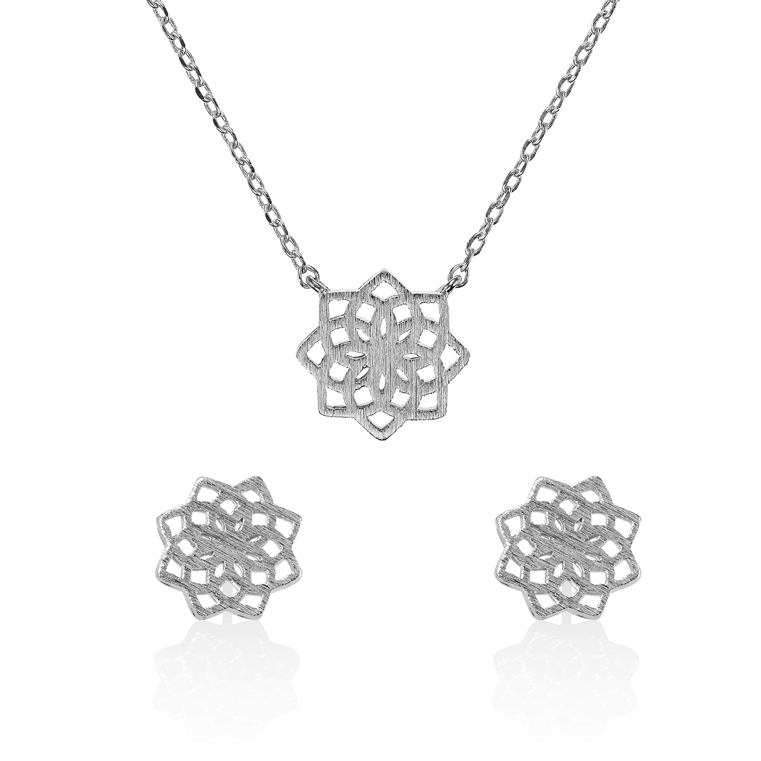 namana Mandala Necklace and Earrings Set. Brushed Finish Jewellery Sets for Women. Mandala Flower Pendant Necklace and Stud Earrings and Matching Necklace. Jewellery Set for Women with Gift Box