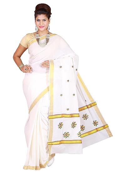 Women's Kerala Kasavu green flower embroidered saree, off white