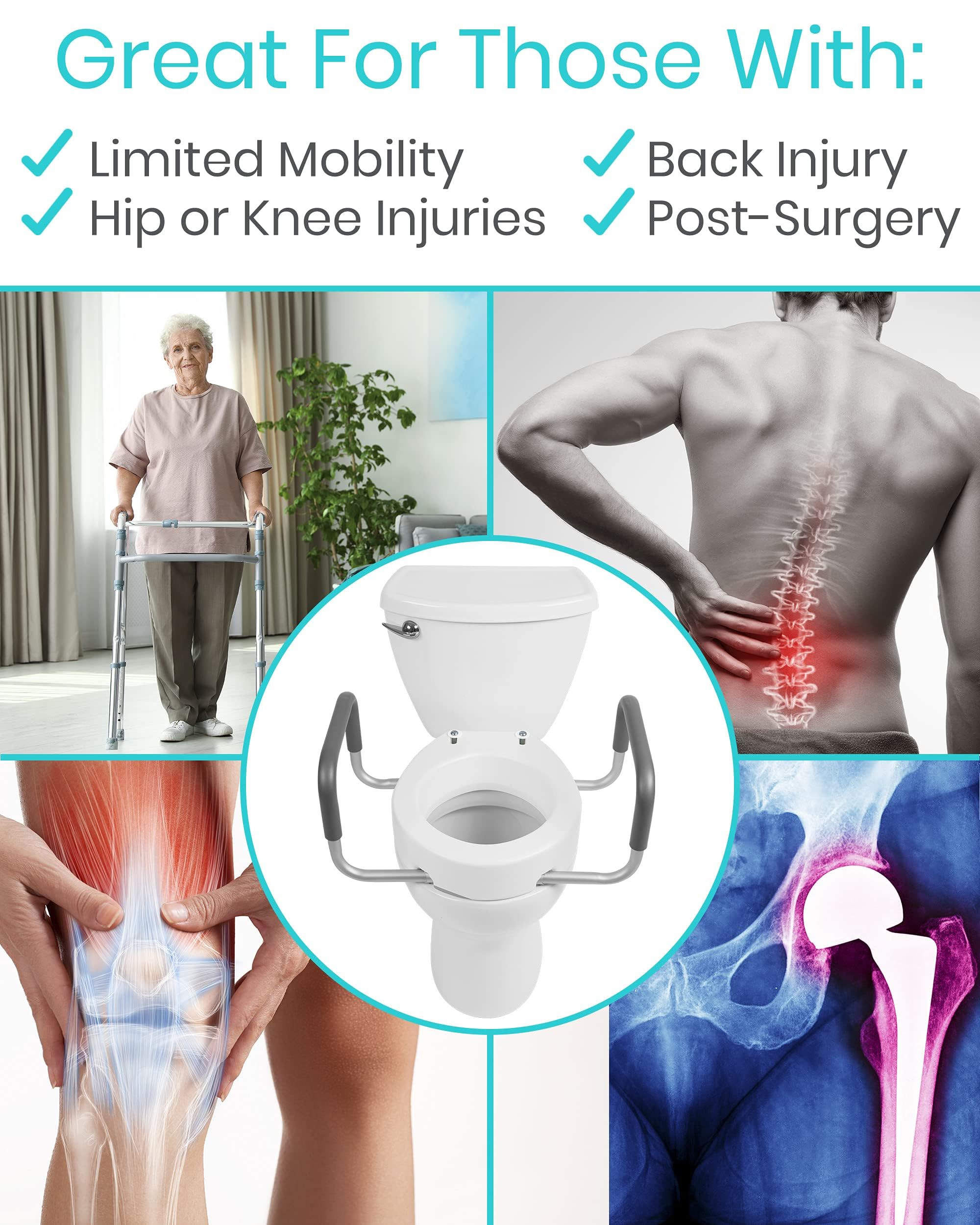 Vive Raised Toilet Seat Riser for Seniors (with Handles) - Handicap Rail Grab Bar Seat for Over Toilet - Elevated Safety for Elderly, Disabled, Medical - Elongated