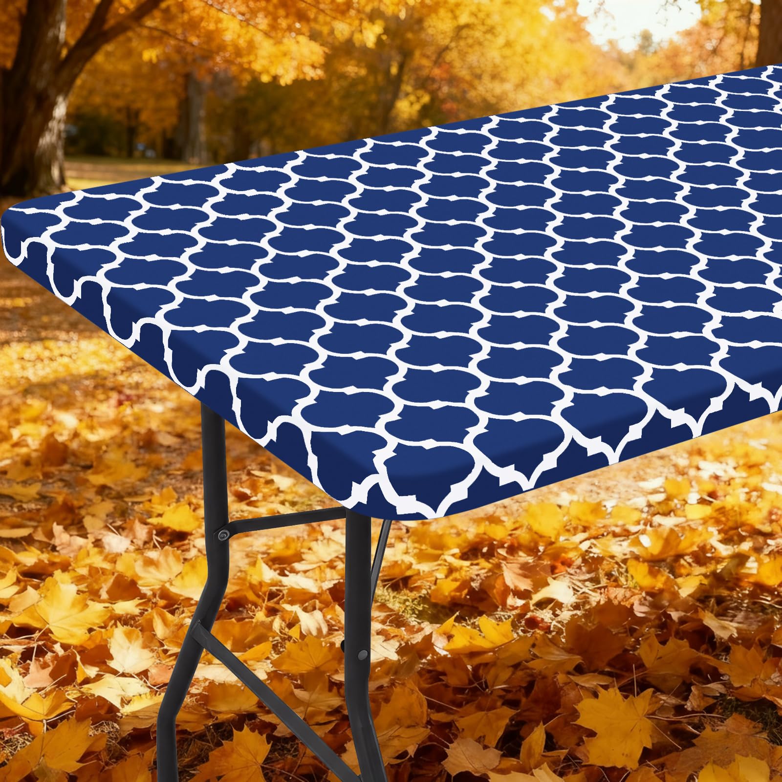 Photo 1 of Smiry Rectangle Picnic Table Cover, Waterproof Elastic Fitted Camping Tablecloths for 8 Foot Tables, Wipeable Flannel Backed Vinyl Tablecloth Protector for Indoor, Outdoor (Navy, 36x96 Inches)