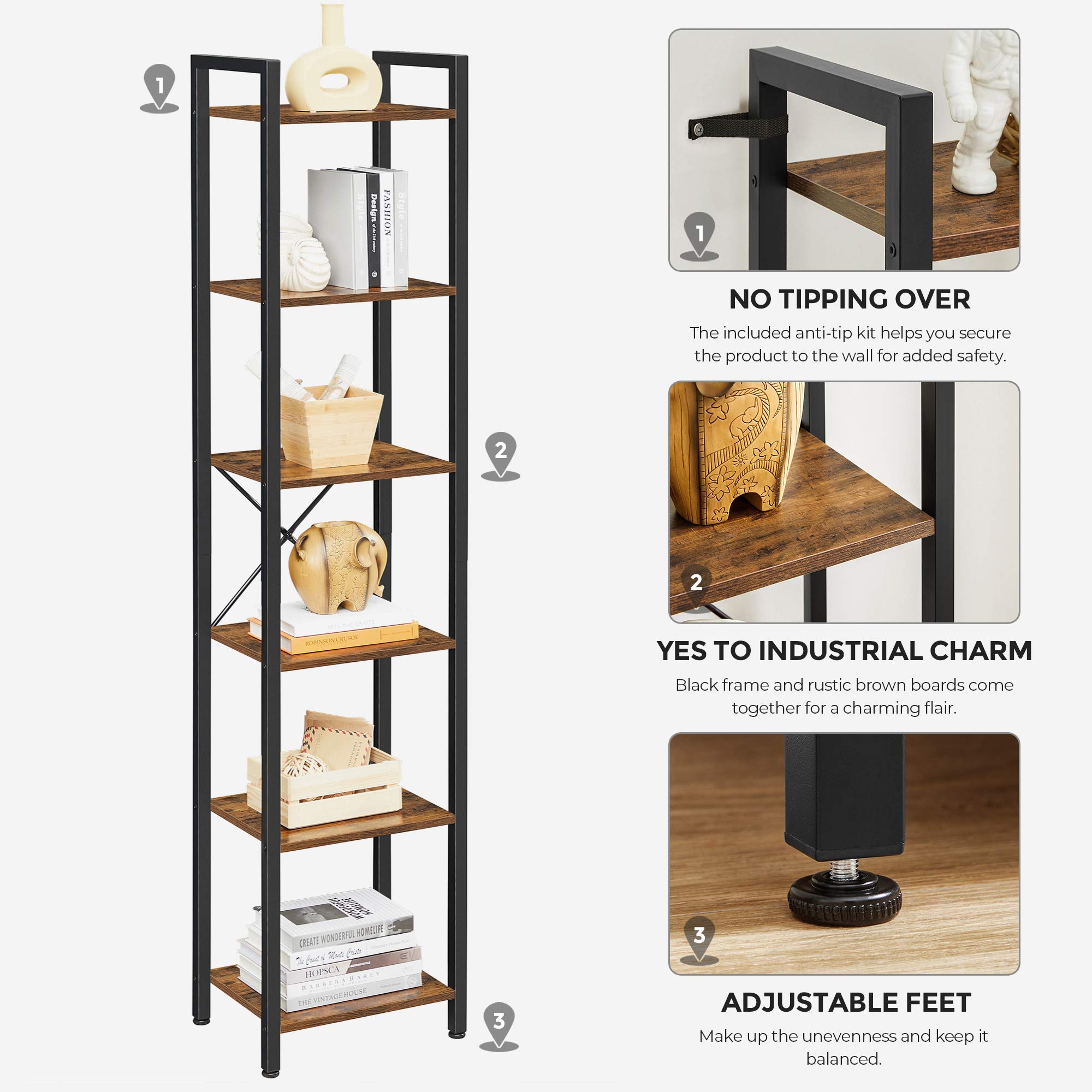 VASAGLE 6-Tier Bookshelf, Bookcase with Steel Frame, Book Shelf for Living Room, Home Office, Study, 11.8 x 15.7 x 73.2 Inches, Industrial Style, Rustic Brown and Ink Black ULLS101B01