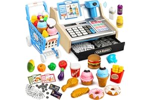 VROGTIK Wooden Cash Register for Kids with Shopping Cart Rechargeable Kid Cash Register with Scanner Gift for Kids Age 3 4 5 6 7 8 9 Year Old Pretend Play for Toddlers Toys for 3-12 Year Old Boys