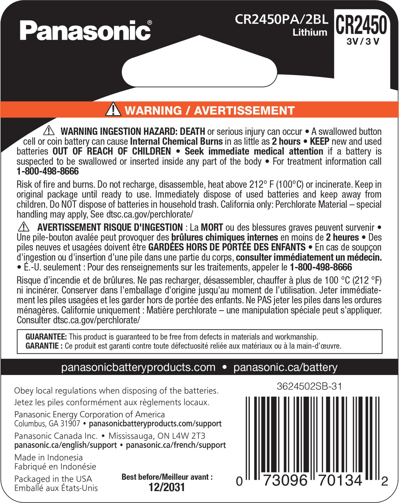 Panasonic Panasonic CR2450 3.0 Volt Long Lasting Lithium Coin Cell Batteries in Child Resistant, Standards Based Packaging, 2-Battery Pack