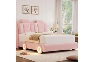 KEYLUV Queen Upholstered Led Bed Frame with Wheels Decor & Adjustable Curved Headboard Modern Car-Shaped Platform Bed with Detachable Pillows Solid Wooden Slats Support No Box Spring Needed, Velvet Pink
