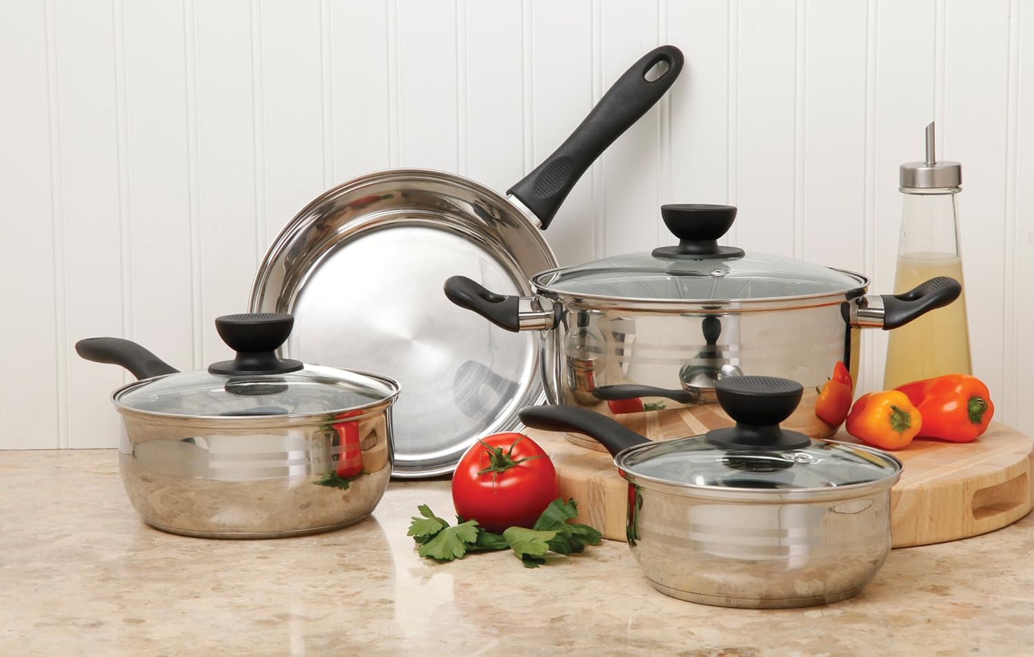 Sunbeam Ansonville 8-Piece Cookware Set, Silver/Brass: Gibson Overseas Inc: Kitchen & Dining