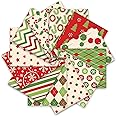 Whaline 12Pcs Christmas Cotton Fabric Bundles Xmas Tree Snowflake Dot Stripe Printed Fat Quarters Holiday Sewing Fabrics for DIY Handmade Crafting, 18 x 22 Inch