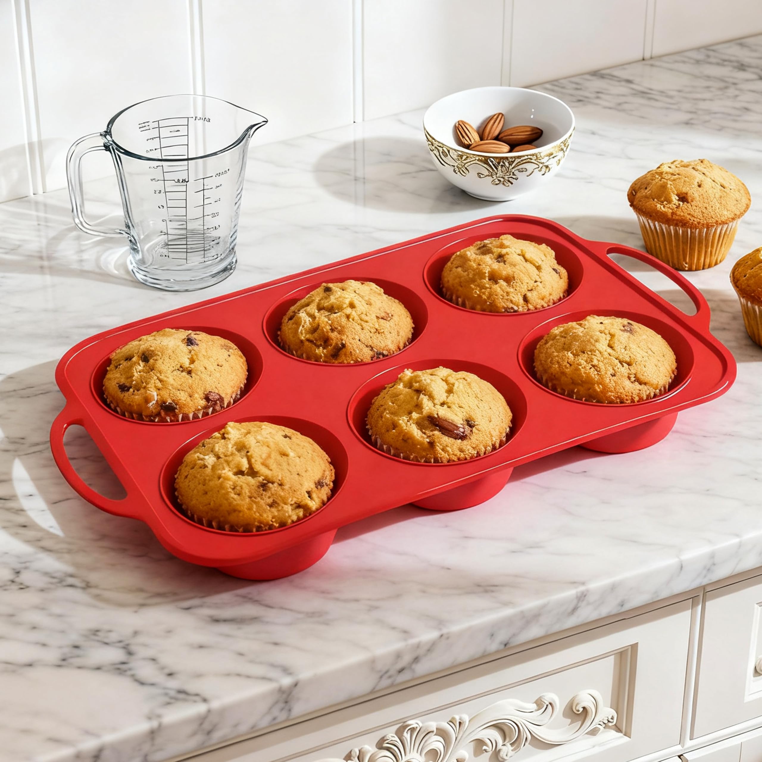 Foepoge Deep and Jumbo Silicone Muffin Tray 6 Cup with Metal Reinforced Frame, Non Stick Silicone Cupcake Tray with Handle, Muffin Moulds Yorkshire Pudding Tray, Cupcake Tin, Red