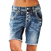 Flamingals Women’s High Waist Double Button Raw Hem Straight Leg Denim Mid Thigh Trendy Casual Jean Shorts