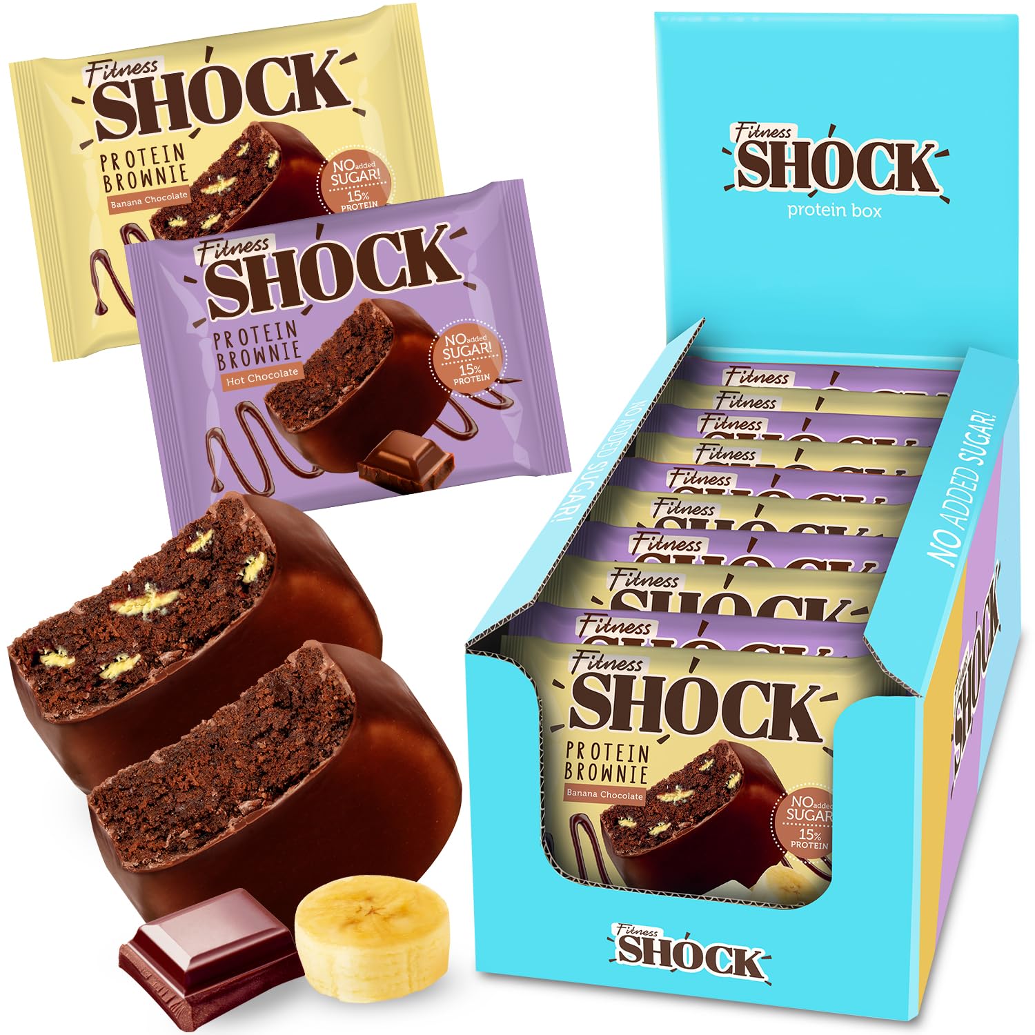 FitnesSHOCK Chocolate Brownie Mix Box without Added Sugar, 15% Protein, satiating dietary fibre, Soft Texture, 10 Pieces, 50g - Chocolate and Banana