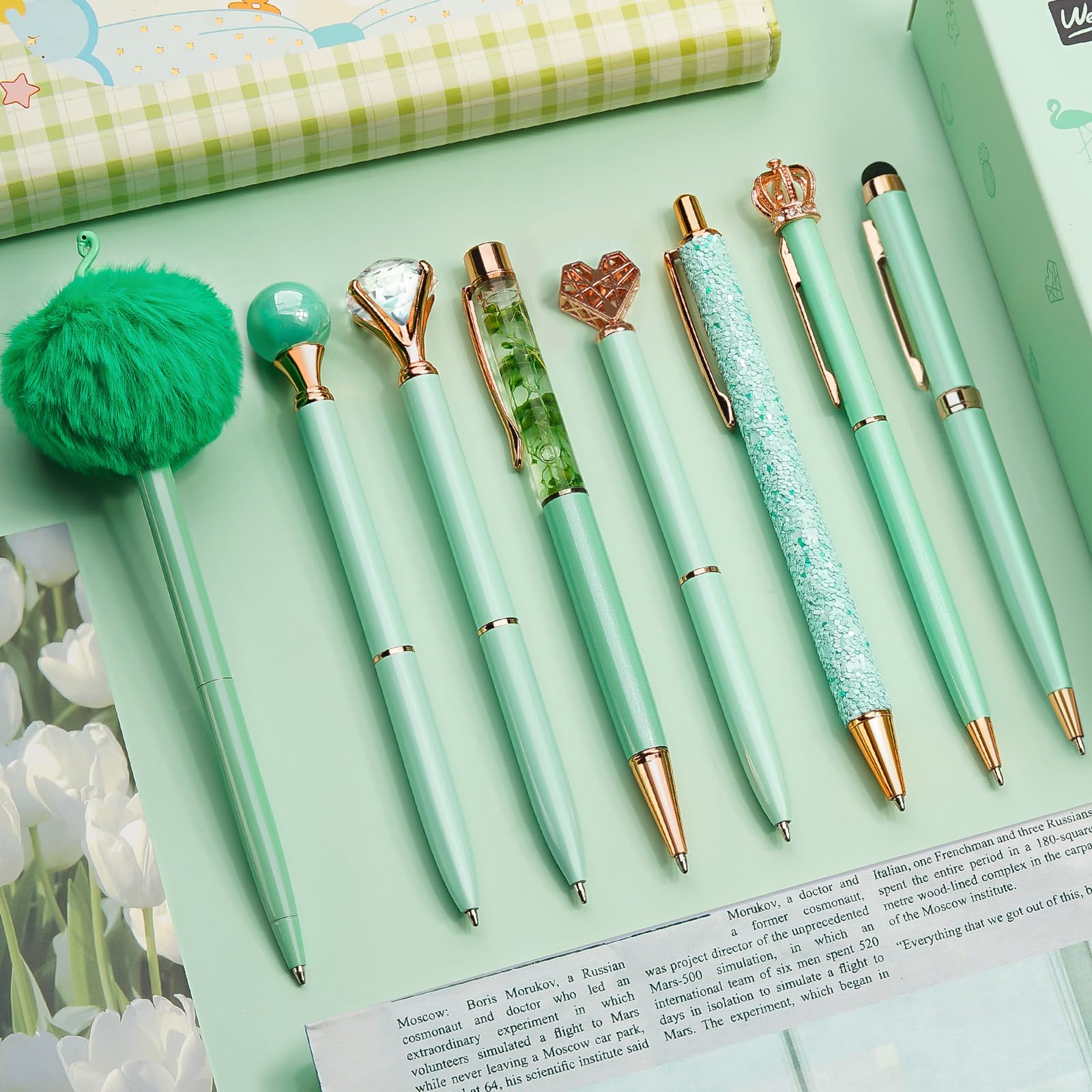 WEMATE 8Pcs Green Ballpoint Pens Set Pen Bling for Women,Girly Pens,Black & Blue Ink Ball Point Pen Gifts for Wedding Bridesmaid Office Green