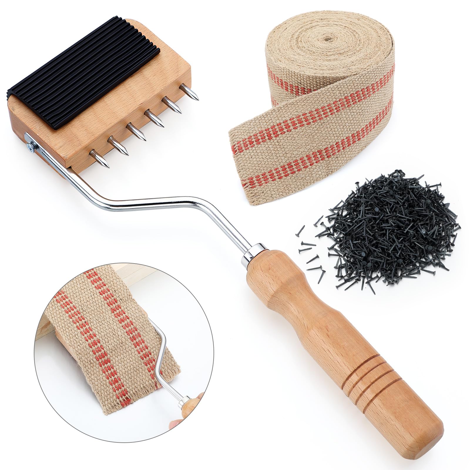 Photo 1 of Lanties Upholstery Tool Set-3.5" Burlap Jute Webbing Tape 10 Yards, Gooseneck Webbing Stretcher Wood Handle, 115pcs 1/2" Black Upholstery Tacks-for Chair, Sofa, Carpet & Craft Furniture Repair Kit