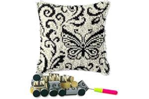 DL-YTG Latch Hook Kits Pillow Black Butterfly Crochet Yarn Cushion Colour Printed Canvas Rug Needlework DIY Pillowcase Hook and Latch Kit Christmas Home Crafts Sofa Decoration 42x42cm/16X16inch