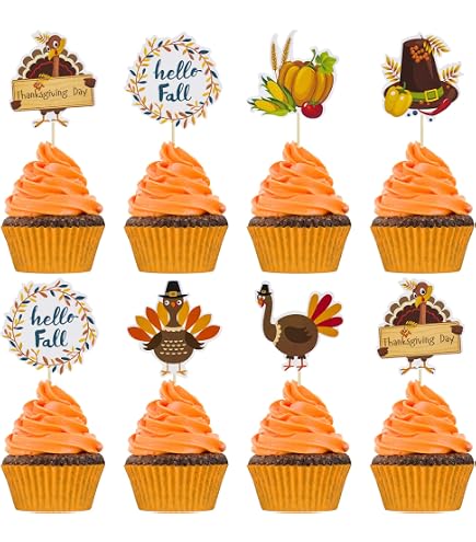 Rsstarxi 24 Pack Happy Thanksgiving Cupcake Toppers Fall Theme Cupcake Picks For Birthday Party Cake Decorations Gold