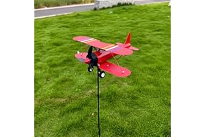 Metal Aeroplane Weather Vane with Rotating Propeller and Twin Wings, Ideal for Decorating courtyards and Gardens (Red)
