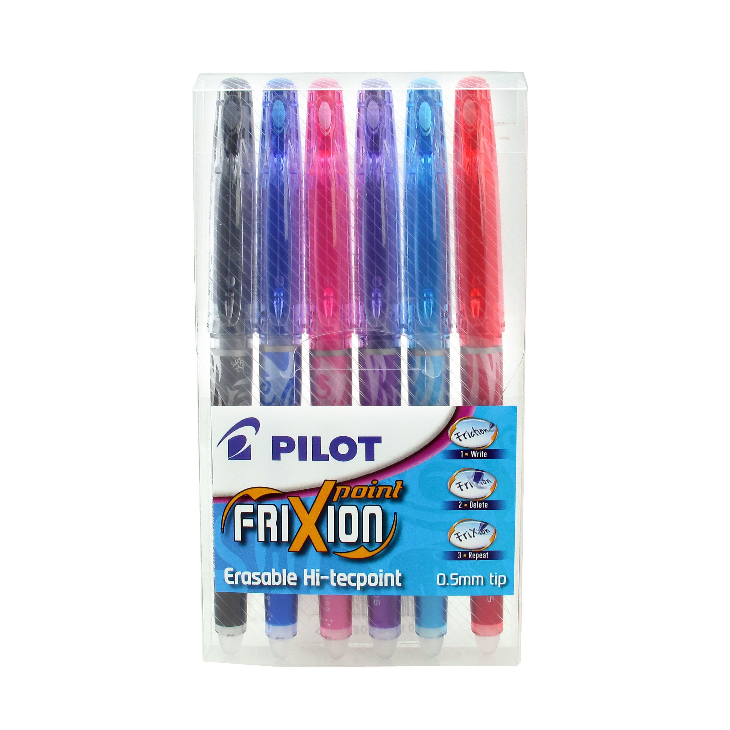 Pilot Frixion Point Erasable Rollerball 0.5 mm Tip - Black/Blue/Violet/Pink/Light Blue/Red, Pack of 6 — image 1