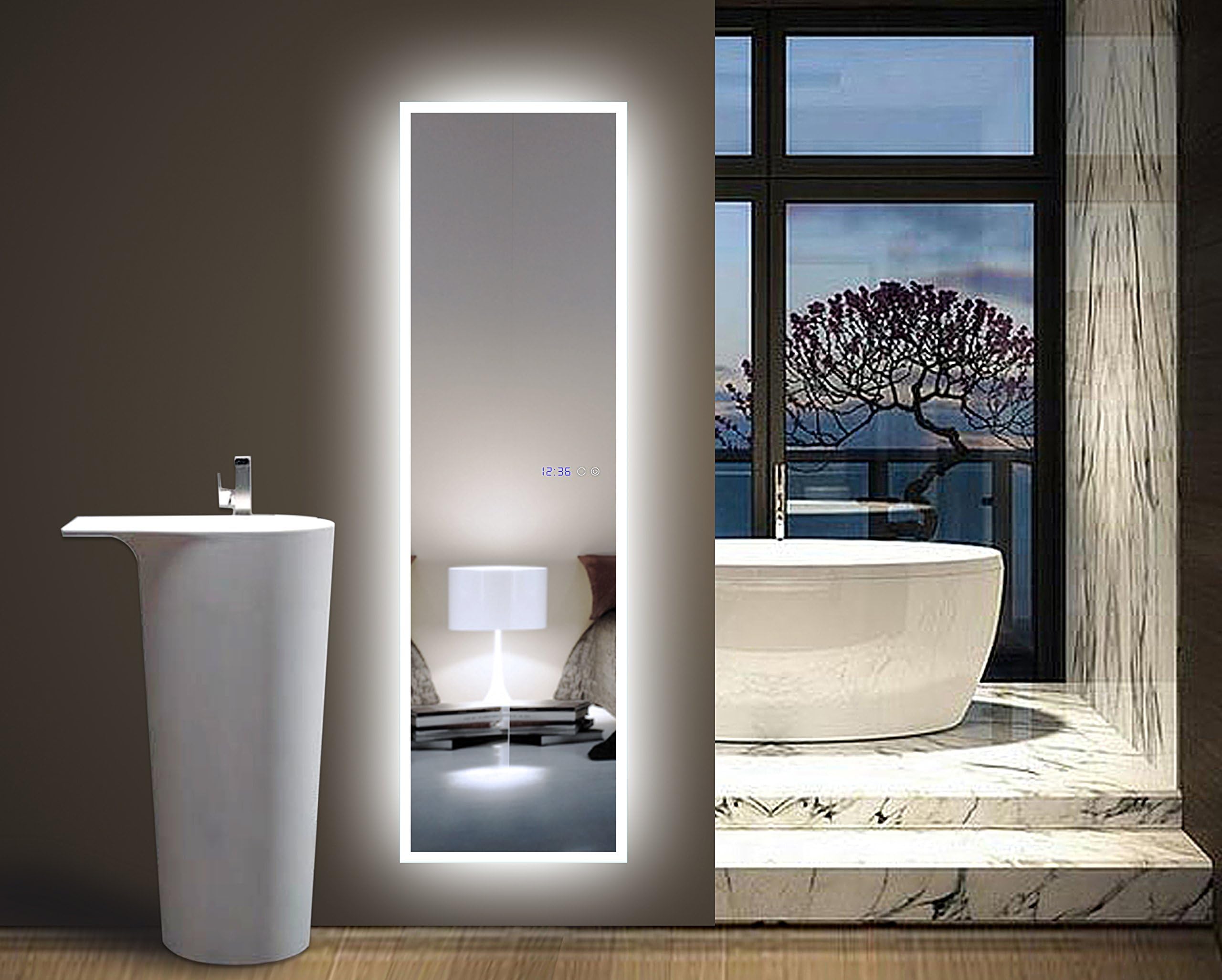 GlassTek Inc. LED Standing Floor Mirror 17 3/4 X 63 (450x1600mm) with Surface Touch Switch and Blue Digital Clock