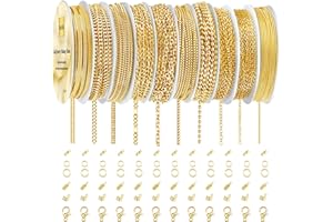 Ecoofor Gold Necklace Chains for Jewelry Making, 75.5 Feet 10 Rolls Jewelry Chains for DIY Necklace Bracelet Jewelry Making with Jump Rings/Lobster Clasps/Connectors