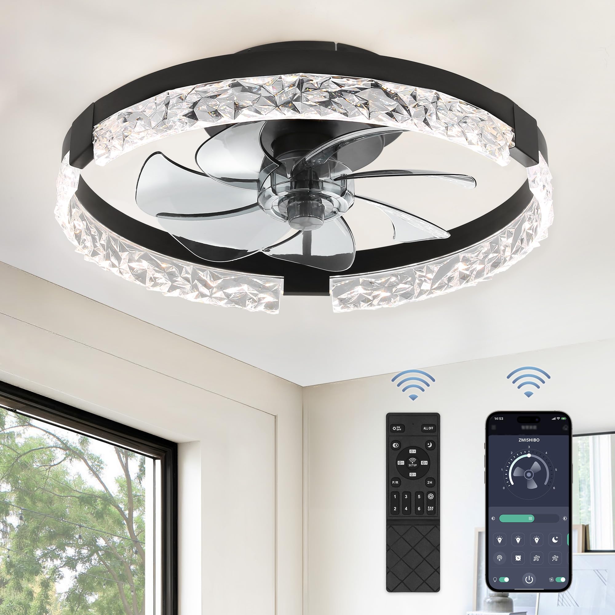 Photo 1 of ZMISHIBO Ceiling Fans with Lights and Remote, 18 Inch Flush Mount Fan Light, 6 Speeds, 3CCT, Dimmable, Low Profile Ceiling Fan, Modern Ceiling Fan with Light for Bedroom and Living Room, Black