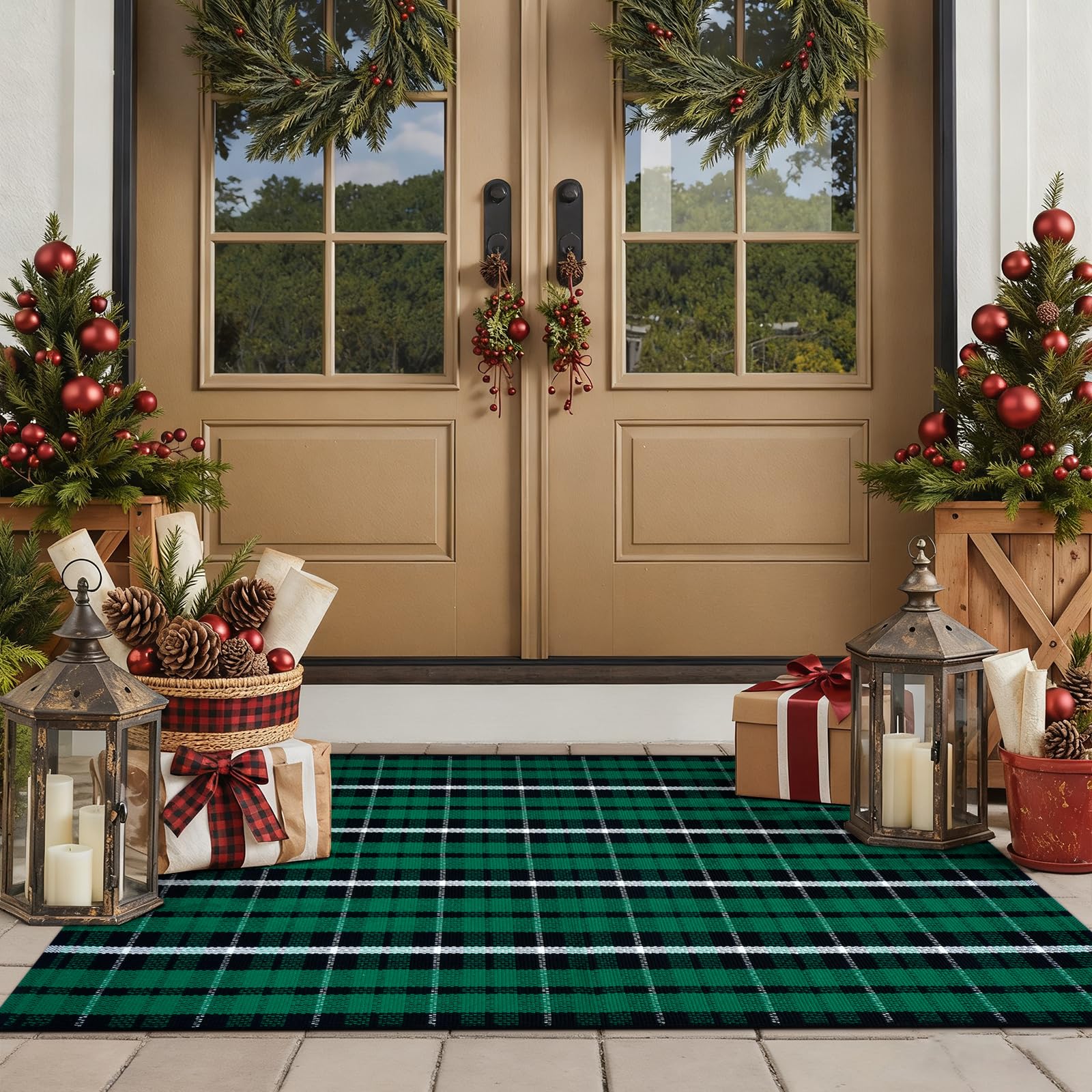 KIMODE Christmas Door Mats 24"x51", Buffalo Plaid Checkered Outdoor Rug Decor, Black and Green Reversible Farmhouse Front Porch Rug, Washable Cotton Woven Welcome Mats for Entryway Kitchen
