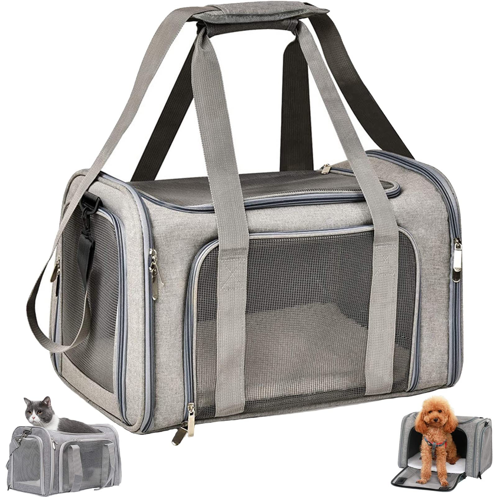 TOFFCAEA Dog Carrier Bag, Breathable Pet Carrier Bag, Adjustable Shoulder Strap and Soft Mattress, Supports 8 kg, Animal Carrier (L 43 x W 28 x H 28 cm, Grey)