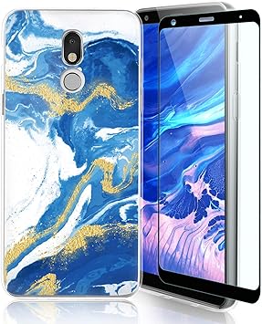 Amazon Com Tjs Phone Case Compatible With Lg K40 K12 Plus X4 Solo Lte Harmony 3 Xpression Plus 2 Full Coverage Tempered Glass Screen Protector Tpu Matte Color Marble Transparent Clear Soft Skin Blue