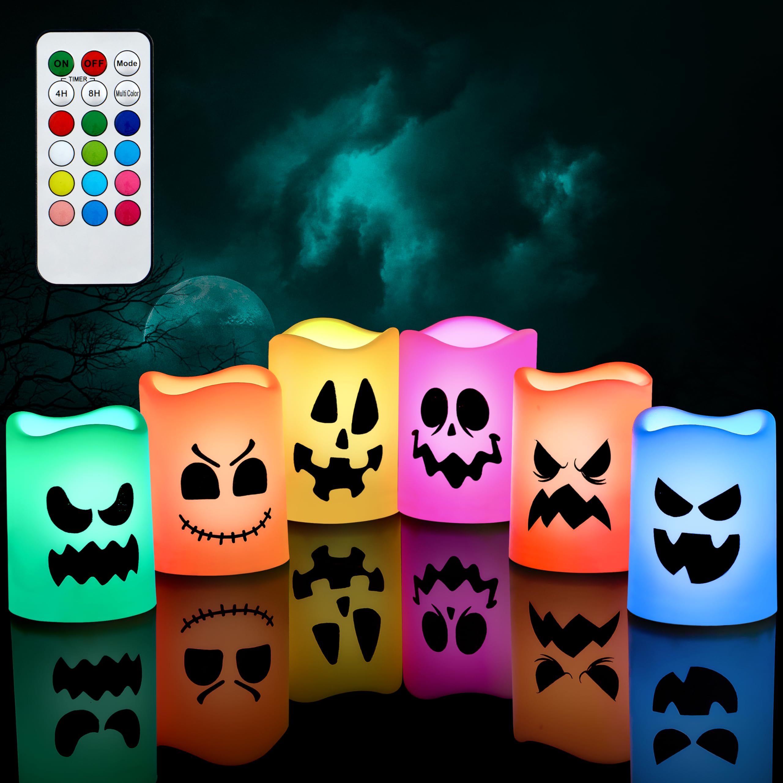 Photo 1 of JOYIN 6 Pcs Halloween Flameless Candles Decorations with Remote Timer, Color Changing LED Lights Lamp Indoor, Battery Operated Party Favors Haunted House
