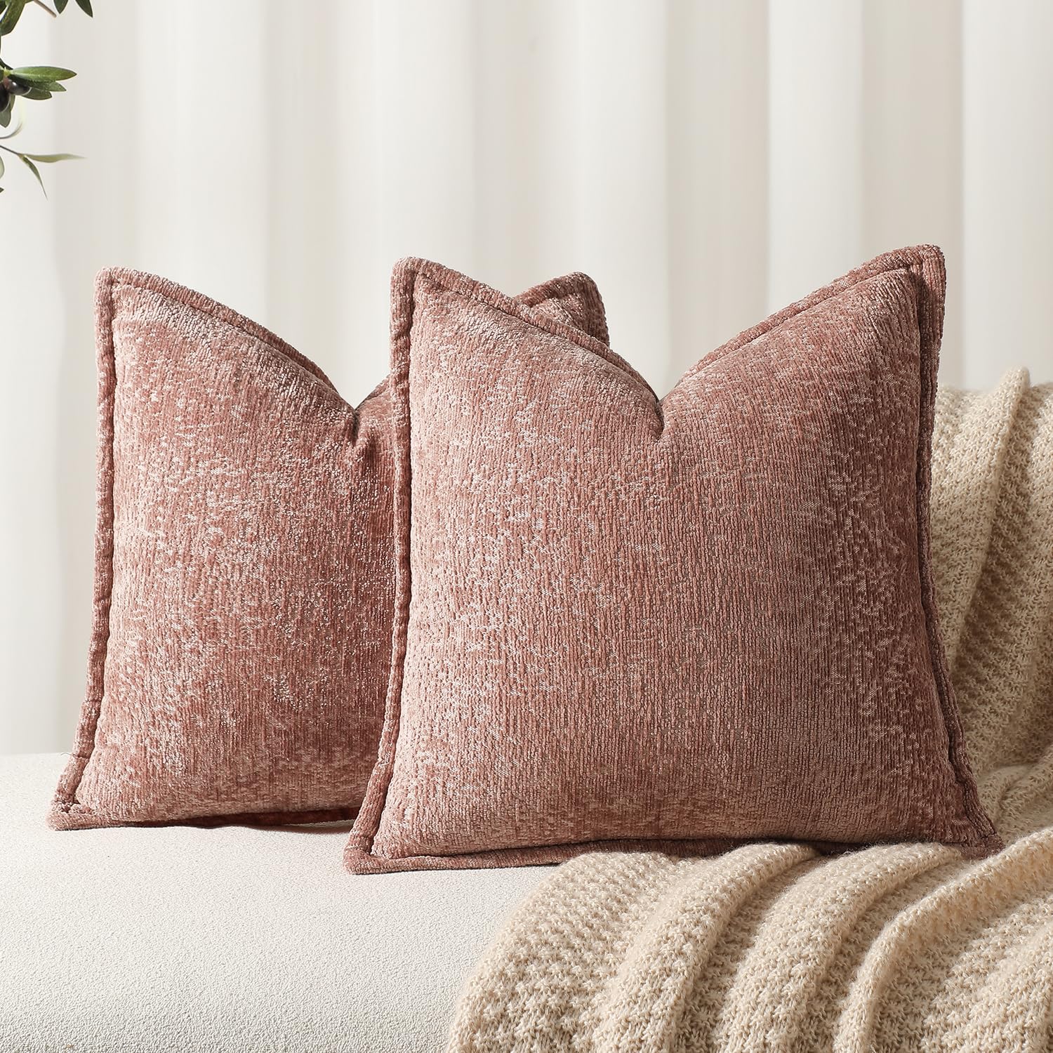 Photo 1 of DEZENE Pack of 2 Dusty Pink Decorative Throw Pillow Covers 16x16 Cozy Soft Chenille Accent Vintage Square Couch Pillow Covers for Home Decor Bed Sofa Living Room