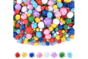 NACHLYNN 1000 Glitter Pom Poms Bulk 4 Sizes Assorted Soft Fluffy Pom Poms for Crafts DlY Decorations Activities with A Storage Bag (Multicolor)