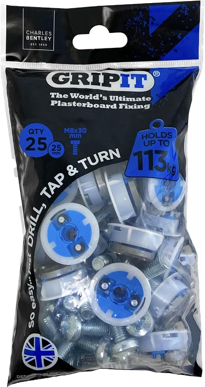 Gripit Blue Heavy-Duty Plasterboard Fixings 25 Pack Holds 113kg UK Designed