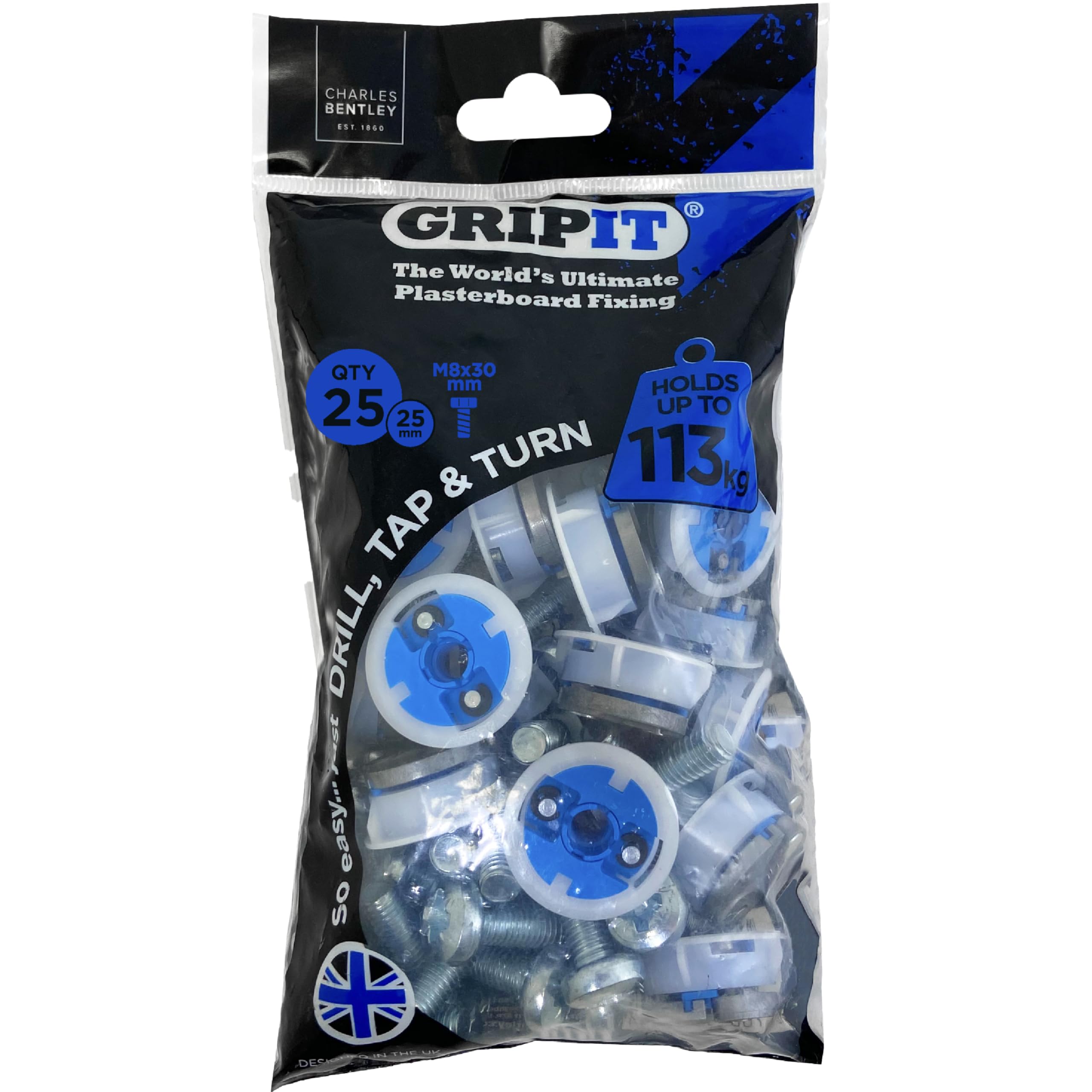 Gripit Blue Heavy-Duty Plasterboard Fixings - Reusable Drywall Fixings - Pack of 25 - Holds Up to 113kg - Easy to Install Drywall Anchor for TV, Stud Walls, Kitchen Units & Boilers – UK Designed
